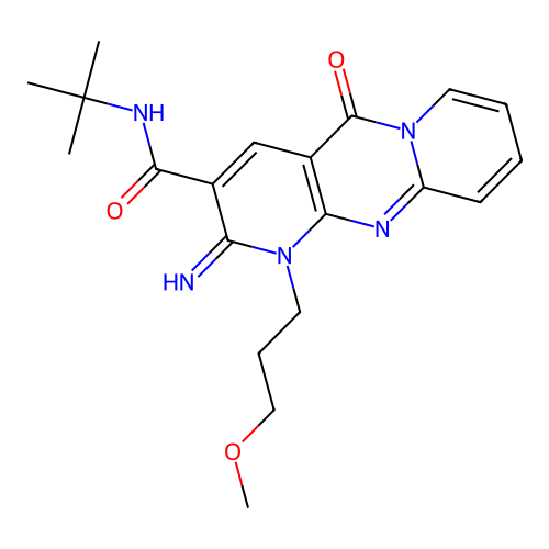 N-(tert-butyl)-2-imino-1-(3-methoxypropyl)-5-oxo-2,5-dihydro-1H-dipyrido[1,2-a:2',3'-d]pyrimidine-3-carboxamide structure