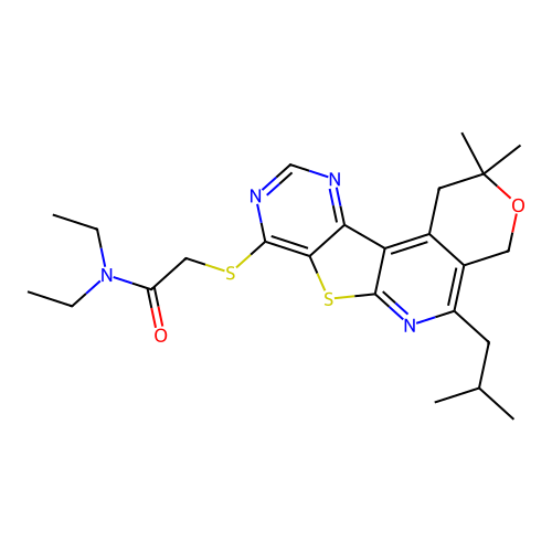 2-{[2,2-dimethyl-5-(2-methylpropyl)-1,4-dihydro-2H-pyrano[4'',3'':4',5']pyrido[3',2':4,5]thieno[3,2-d]pyrimidin-8-yl]sulfanyl}-N,N-diethylacetamide structure