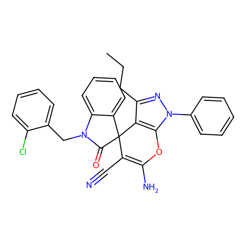 6'-amino-1-(2-chlorobenzyl)-2-oxo-1'-phenyl-3'-propyl-1'H-spiro[indoline-3,4'-pyrano[2,3-c]pyrazole]-5'-carbonitrile structure