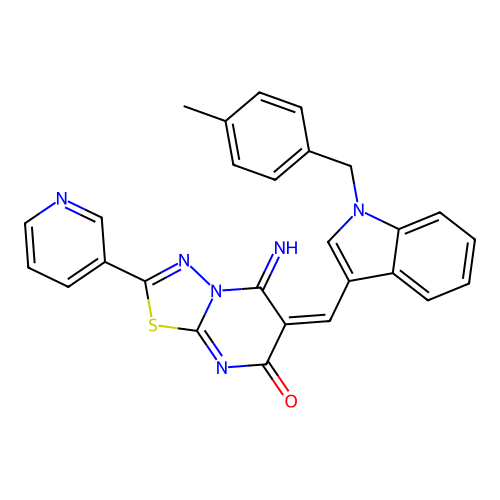 (E)-5-imino-6-((1-(4-methylbenzyl)-1H-indol-3-yl)methylene)-2-(pyridin-3-yl)-5H-[1,3,4]thiadiazolo[3,2-a]pyrimidin-7(6H)-one structure