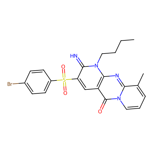 3-(4-bromophenyl)sulfonyl-1-butyl-2-imino-10-methyl-5-dipyrido[3,4-c:1'',2''-f]pyrimidinone structure