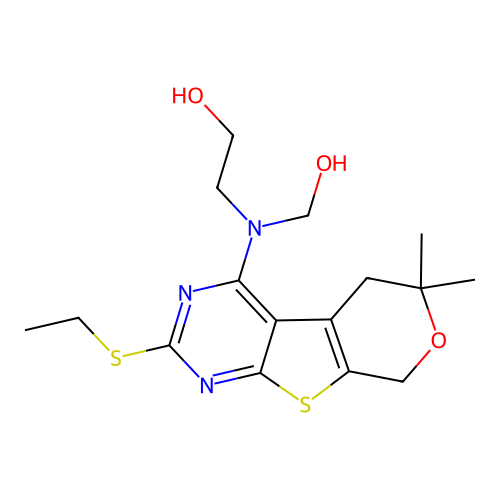 2-((2-(ethylthio)-6,6-dimethyl-6,8-dihydro-5H-pyrano[4',3':4,5]thieno[2,3-d]pyrimidin-4-yl)(hydroxymethyl)amino)ethanol structure