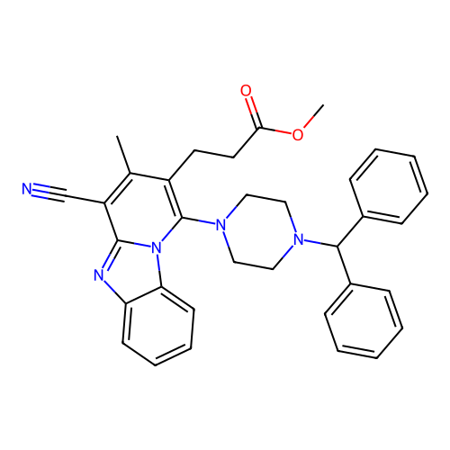 methyl 3-(1-(4-benzhydrylpiperazin-1-yl)-4-cyano-3-methylbenzo[4,5]imidazo[1,2-a]pyridin-2-yl)propanoate structure