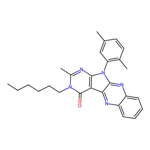 11-(2,5-dimethylphenyl)-3-hexyl-2-methyl-3,11-dihydro-4H-pyrimido[5',4':4,5]pyrrolo[2,3-b]quinoxalin-4-one structure