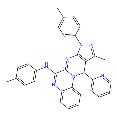 10-methyl-11-(pyridin-2-yl)-N,8-di-p-tolyl-8,11-dihydropyrazolo[3',4':4,5]pyrimido[1,2-a]quinoxalin-6-amine structure