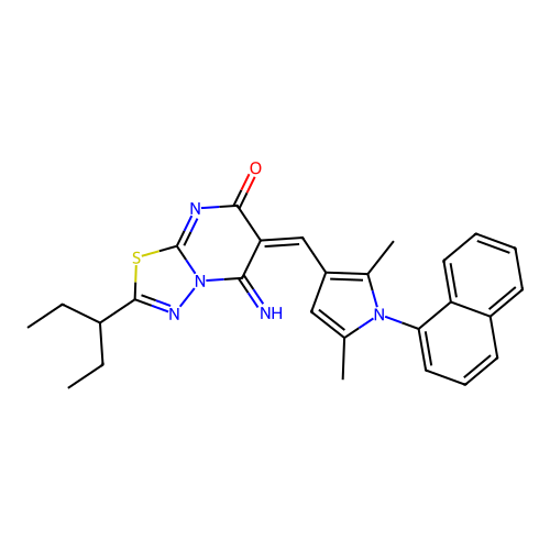 (E)-6-((2,5-dimethyl-1-(naphthalen-1-yl)-1H-pyrrol-3-yl)methylene)-5-imino-2-(pentan-3-yl)-5H-[1,3,4]thiadiazolo[3,2-a]pyrimidin-7(6H)-one structure