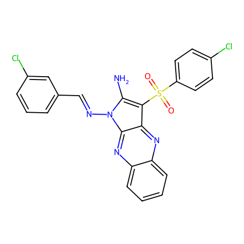 (E)-N1-(3-chlorobenzylidene)-3-((4-chlorophenyl)sulfonyl)-1H-pyrrolo[2,3-b]quinoxaline-1,2-diamine structure