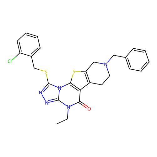8-benzyl-1-((2-chlorobenzyl)thio)-4-ethyl-6,7,8,9-tetrahydropyrido[4',3':4,5]thieno[3,2-e][1,2,4]triazolo[4,3-a]pyrimidin-5(4H)-one structure