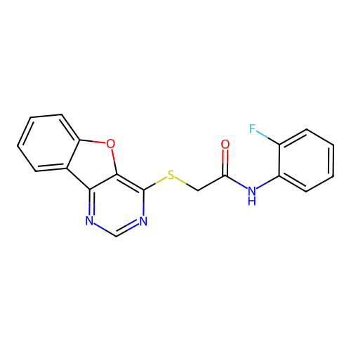 2-(benzofuro[3,2-d]pyrimidin-4-ylthio)-N-(2-fluorophenyl)acetamide structure