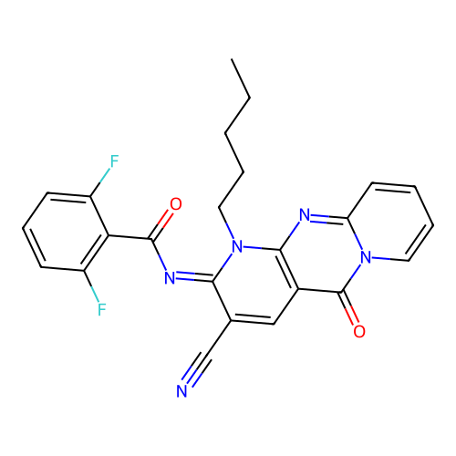 (E)-N-(3-cyano-5-oxo-1-pentyl-1H-dipyrido[1,2-a:2',3'-d]pyrimidin-2(5H)-ylidene)-2,6-difluorobenzamide structure