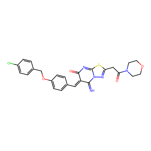 (6Z)-6-[[4-[(4-chlorophenyl)methoxy]phenyl]methylidene]-5-imino-2-(2-morpholin-4-yl-2-oxoethyl)-[1,3,4]thiadiazolo[3,2-a]pyrimidin-7-one structure