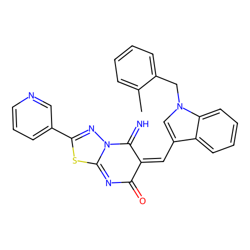 (E)-5-imino-6-((1-(2-methylbenzyl)-1H-indol-3-yl)methylene)-2-(pyridin-3-yl)-5H-[1,3,4]thiadiazolo[3,2-a]pyrimidin-7(6H)-one structure