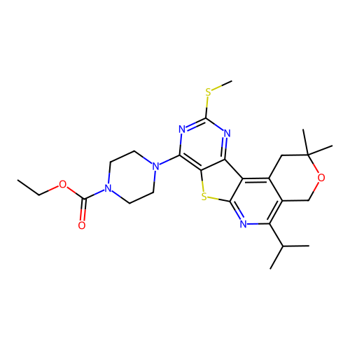 ethyl 4-(5-isopropyl-2,2-dimethyl-10-(methylthio)-2,4-dihydro-1H-pyrano[4'',3'':4',5']pyrido[3',2':4,5]thieno[3,2-d]pyrimidin-8-yl)piperazine-1-carboxylate structure