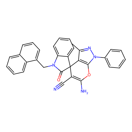6'-amino-3'-methyl-1-(naphthalen-1-ylmethyl)-2-oxo-1'-phenyl-1'H-spiro[indoline-3,4'-pyrano[2,3-c]pyrazole]-5'-carbonitrile structure