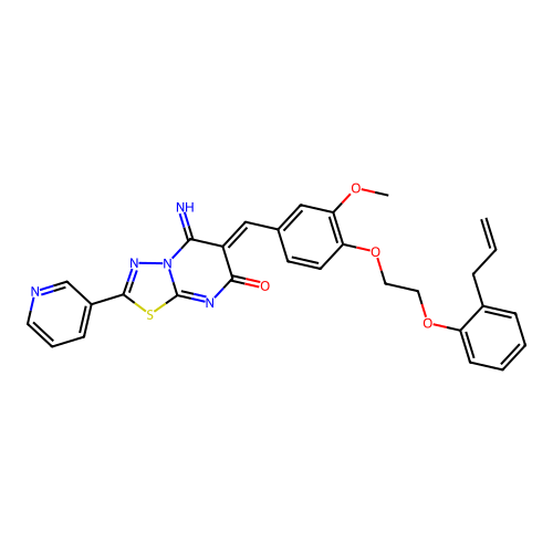 (6Z)-5-imino-6-(3-methoxy-4-{2-[2-(prop-2-en-1-yl)phenoxy]ethoxy}benzylidene)-2-(pyridin-3-yl)-5,6-dihydro-7H-[1,3,4]thiadiazolo[3,2-a]pyrimidin-7-one structure