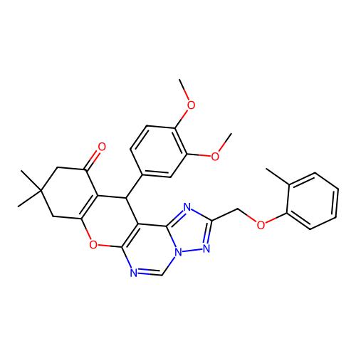 12-(3,4-dimethoxyphenyl)-9,9-dimethyl-2-((o-tolyloxy)methyl)-9,10-dihydro-8H-chromeno[3,2-e][1,2,4]triazolo[1,5-c]pyrimidin-11(12H)-one structure