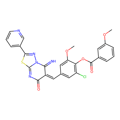 (E)-2-chloro-4-((5-imino-7-oxo-2-(pyridin-3-yl)-5H-[1,3,4]thiadiazolo[3,2-a]pyrimidin-6(7H)-ylidene)methyl)-6-methoxyphenyl 3-methoxybenzoate structure