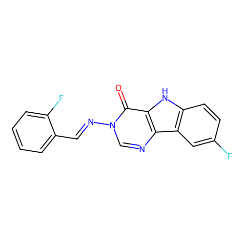 (E)-8-fluoro-3-((2-fluorobenzylidene)amino)-3H-pyrimido[5,4-b]indol-4(5H)-one structure