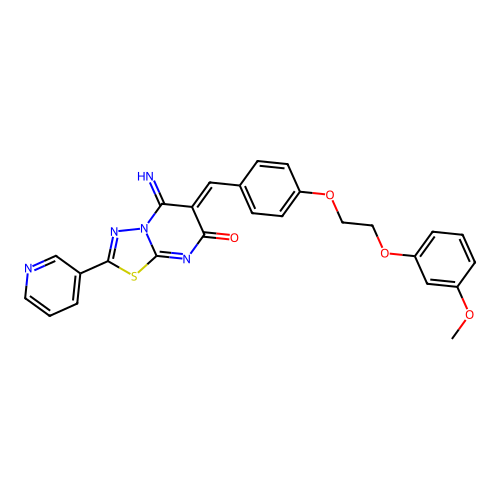 (6Z)-5-imino-6-[[4-[2-(3-methoxyphenoxy)ethoxy]phenyl]methylidene]-2-pyridin-3-yl-[1,3,4]thiadiazolo[3,2-a]pyrimidin-7-one structure