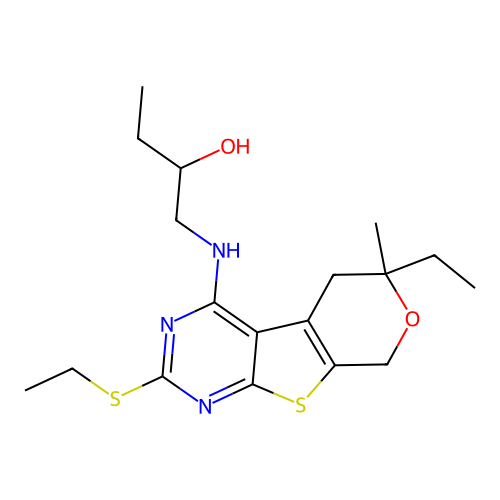 1-((6-ethyl-2-(ethylthio)-6-methyl-6,8-dihydro-5H-pyrano[4',3':4,5]thieno[2,3-d]pyrimidin-4-yl)amino)butan-2-ol structure