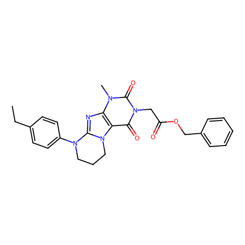 benzyl [9-(4-ethylphenyl)-1-methyl-2,4-dioxo-1,4,6,7,8,9-hexahydropyrimido[2,1-f]purin-3(2H)-yl]acetate structure