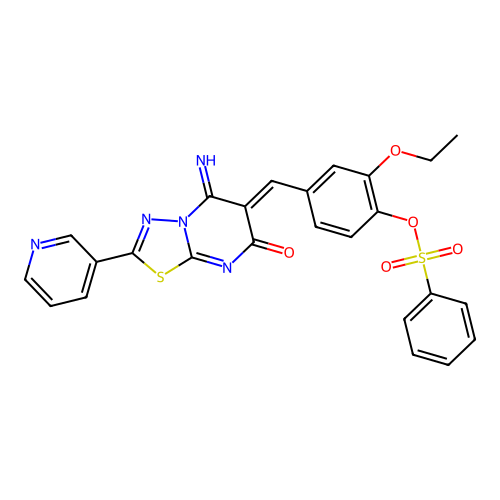 (Z)-2-ethoxy-4-((5-imino-7-oxo-2-(pyridin-3-yl)-5H-[1,3,4]thiadiazolo[3,2-a]pyrimidin-6(7H)-ylidene)methyl)phenyl benzenesulfonate structure