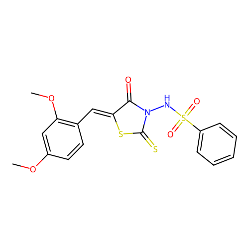 N-[(5Z)-5-[(2,4-dimethoxyphenyl)methylidene]-4-oxo-2-sulfanylidene-1,3-thiazolidin-3-yl]benzenesulfonamide structure