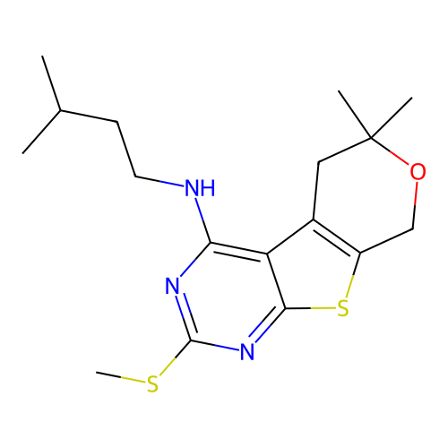 6,6-dimethyl-N-(3-methylbutyl)-2-(methylsulfanyl)-5,8-dihydro-6H-pyrano[4',3':4,5]thieno[2,3-d]pyrimidin-4-amine structure