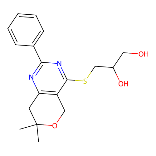 3-[(7,7-dimethyl-2-phenyl-5,8-dihydropyrano[4,3-d]pyrimidin-4-yl)sulfanyl]propane-1,2-diol structure