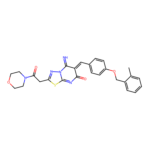(6Z)-5-imino-6-[[4-[(2-methylphenyl)methoxy]phenyl]methylidene]-2-(2-morpholin-4-yl-2-oxoethyl)-[1,3,4]thiadiazolo[3,2-a]pyrimidin-7-one structure