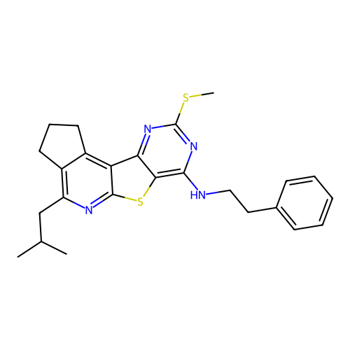 4-(2-methylpropyl)-9-(methylsulfanyl)-N-(2-phenylethyl)-2,3-dihydro-1H-cyclopenta[4',5']pyrido[3',2':4,5]thieno[3,2-d]pyrimidin-7-amine structure
