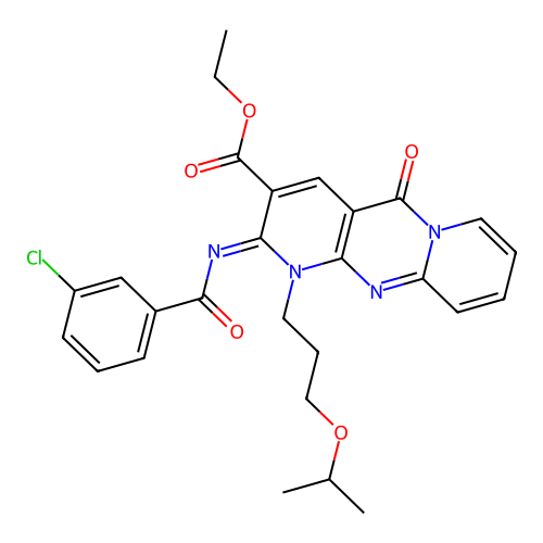 (Z)-ethyl 2-((3-chlorobenzoyl)imino)-1-(3-isopropoxypropyl)-5-oxo-2,5-dihydro-1H-dipyrido[1,2-a:2',3'-d]pyrimidine-3-carboxylate structure