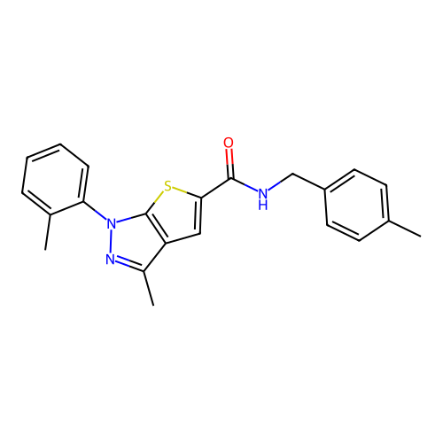 3-methyl-1-(2-methylphenyl)-N-[(4-methylphenyl)methyl]thieno[2,3-c]pyrazole-5-carboxamide structure