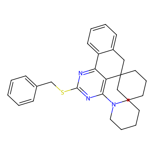 2-(benzylsulfanyl)-4-(piperidin-1-yl)-6H-spiro[benzo[h]quinazoline-5,1'-cyclohexane] structure