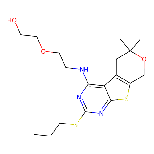 2-(2-((6,6-dimethyl-2-(propylthio)-6,8-dihydro-5H-pyrano[4',3':4,5]thieno[2,3-d]pyrimidin-4-yl)amino)ethoxy)ethanol structure