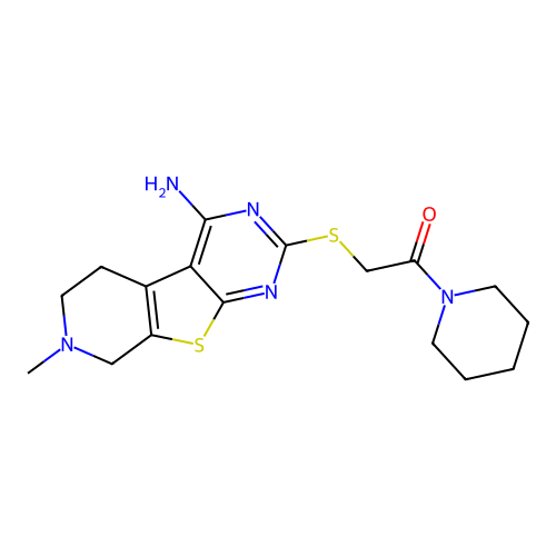 2-((4-amino-7-methyl-5,6,7,8-tetrahydropyrido[4',3':4,5]thieno[2,3-d]pyrimidin-2-yl)thio)-1-(piperidin-1-yl)ethanone structure