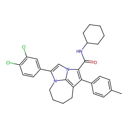 N-cyclohexyl-4-(3,4-dichlorophenyl)-1-(4-methylphenyl)-5,6,7,8-tetrahydro-2a,4a-diazacyclopenta[cd]azulene-2-carboxamide structure