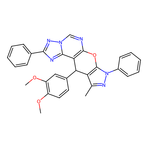 11-(3,4-dimethoxyphenyl)-10-methyl-2,8-diphenyl-8,11-dihydropyrazolo[4',3':5,6]pyrano[3,2-e][1,2,4]triazolo[1,5-c]pyrimidine structure