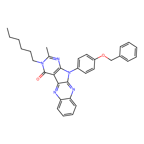 11-(4-(benzyloxy)phenyl)-3-hexyl-2-methyl-3H-pyrimido[5',4':4,5]pyrrolo[2,3-b]quinoxalin-4(11H)-one structure