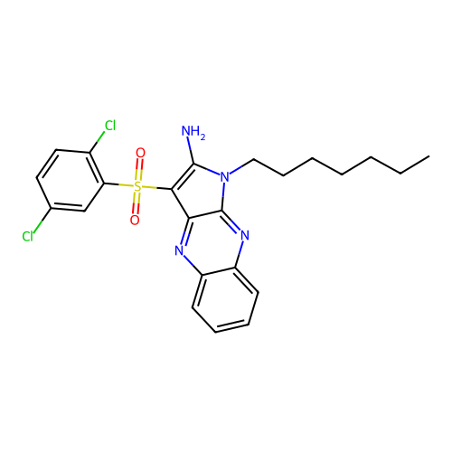3-((2,5-dichlorophenyl)sulfonyl)-1-heptyl-1H-pyrrolo[2,3-b]quinoxalin-2-amine structure