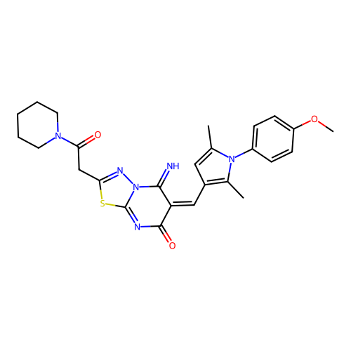 (E)-5-imino-6-((1-(4-methoxyphenyl)-2,5-dimethyl-1H-pyrrol-3-yl)methylene)-2-(2-oxo-2-(piperidin-1-yl)ethyl)-5H-[1,3,4]thiadiazolo[3,2-a]pyrimidin-7(6H)-one structure