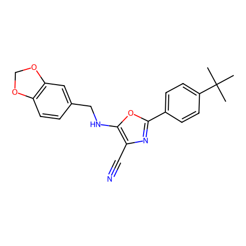 5-((benzo[d][1,3]dioxol-5-ylmethyl)amino)-2-(4-(tert-butyl)phenyl)oxazole-4-carbonitrile structure