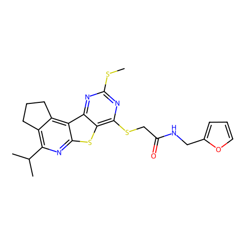 N-(furan-2-ylmethyl)-2-((4-isopropyl-9-(methylthio)-2,3-dihydro-1H-cyclopenta[4',5']pyrido[3',2':4,5]thieno[3,2-d]pyrimidin-7-yl)thio)acetamide structure