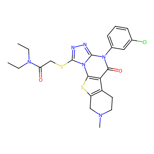 2-((4-(3-chlorophenyl)-8-methyl-5-oxo-4,5,6,7,8,9-hexahydropyrido[4',3':4,5]thieno[3,2-e][1,2,4]triazolo[4,3-a]pyrimidin-1-yl)thio)-N,N-diethylacetamide structure