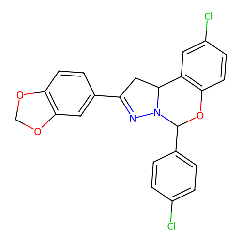 2-(1,3-benzodioxol-5-yl)-9-chloro-5-(4-chlorophenyl)-1,10b-dihydropyrazolo[1,5-c][1,3]benzoxazine structure