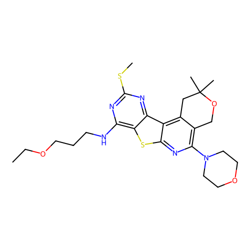 N-(3-ethoxypropyl)-2,2-dimethyl-10-(methylsulfanyl)-5-(morpholin-4-yl)-1,4-dihydro-2H-pyrano[4'',3'':4',5']pyrido[3',2':4,5]thieno[3,2-d]pyrimidin-8-amine structure