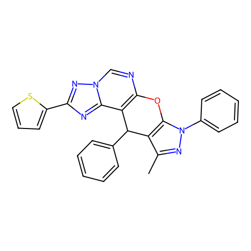 10-methyl-8,11-diphenyl-2-(thiophen-2-yl)-8,11-dihydropyrazolo[4',3':5,6]pyrano[3,2-e][1,2,4]triazolo[1,5-c]pyrimidine structure