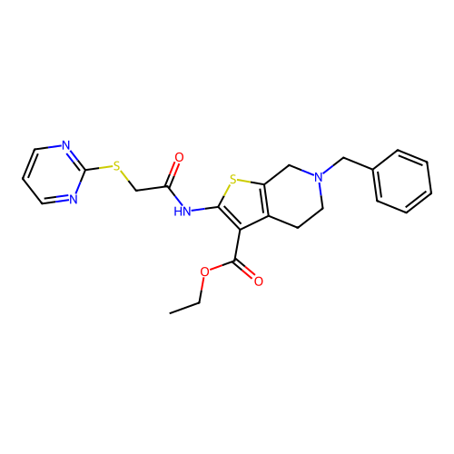 ethyl 6-benzyl-2-[(2-pyrimidin-2-ylsulfanylacetyl)amino]-5,7-dihydro-4H-thieno[2,3-c]pyridine-3-carboxylate structure
