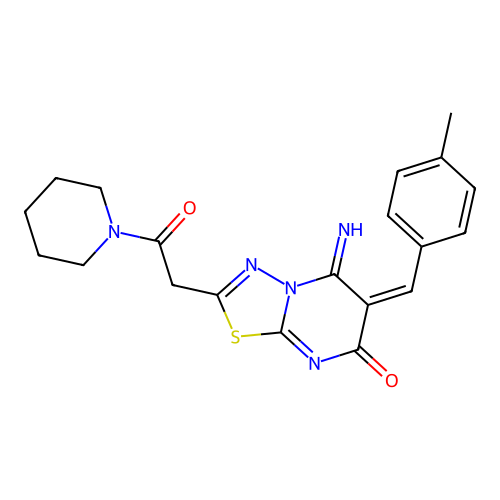 (E)-5-imino-6-(4-methylbenzylidene)-2-(2-oxo-2-(piperidin-1-yl)ethyl)-5H-[1,3,4]thiadiazolo[3,2-a]pyrimidin-7(6H)-one structure