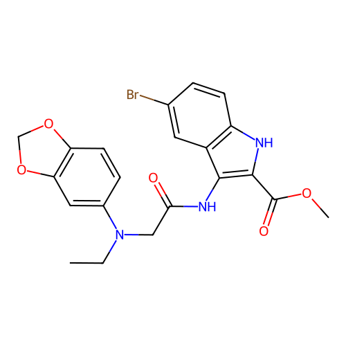 methyl 3-{[N-(1,3-benzodioxol-5-yl)-N-ethylglycyl]amino}-5-bromo-1H-indole-2-carboxylate structure